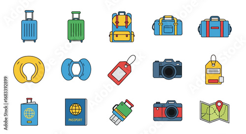 Assortment of Colorful Travel Essentials and Luggage Items.