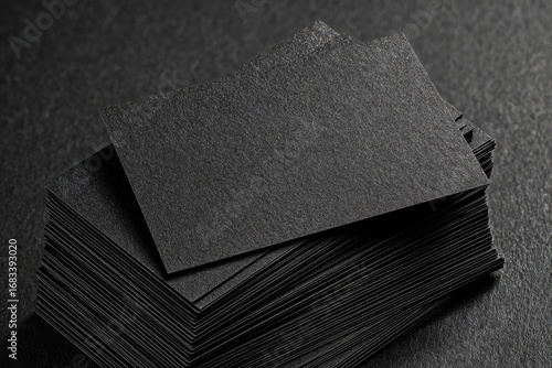 Stack of blank black textured business cards on a dark slate background for mockup purposes.