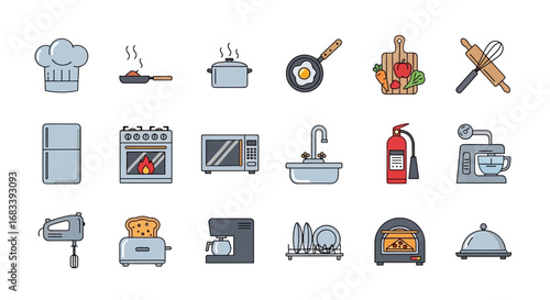 Hand-drawn culinary icon set featuring kitchen appliances, utensils, and cooking tools.