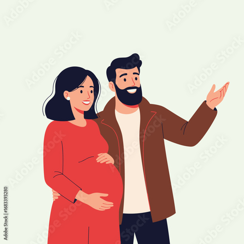 Happy pregnant couple celebrating future parenthood together with joyful expressions and gestures
