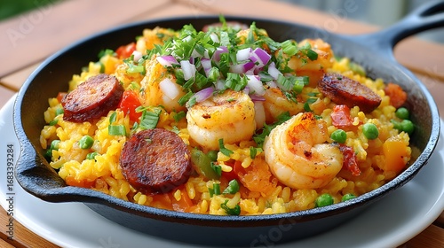 Vibrant Shrimp and Sausage Rice Dish in a Cast Iron Pan