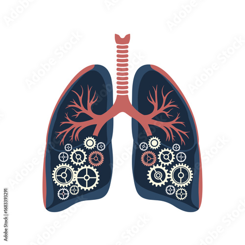 An artistic representation of human lungs featuring intricate gears and branching structures illustrating respiratory system mechanics