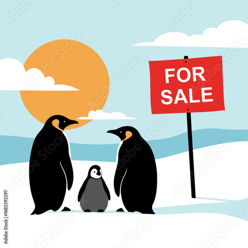 Emperor penguins family looking for new home with for sale sign under a big orange sun in antarctica