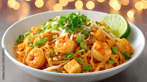 Delicious Shrimp Noodles with Fresh Ingredients and Vibrant Garnish