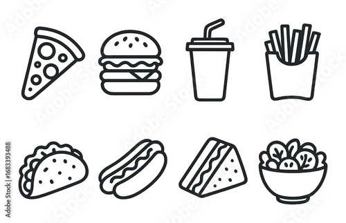 Monochrome fast food icons featuring pizza and burger illustrations on black background