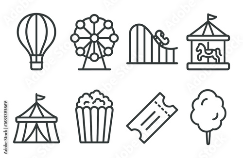 Outline icons of carnival rides and snacks on dark background
