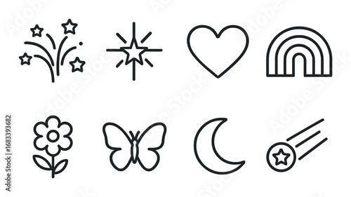 Simple black line icons on gradient gray background with nature and celestial motifs