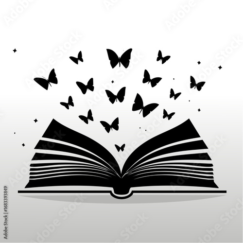 Open book with butterflies monochrome silhouette imagination knowledge learning high quality professional