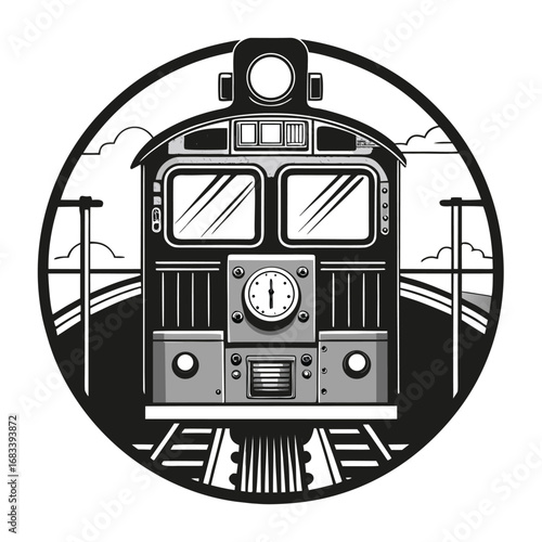 A unique design of a locomotive engineer's cab view, showing the perspective from the driver's seat. Ideal for immersive or first-person graphical representations.
