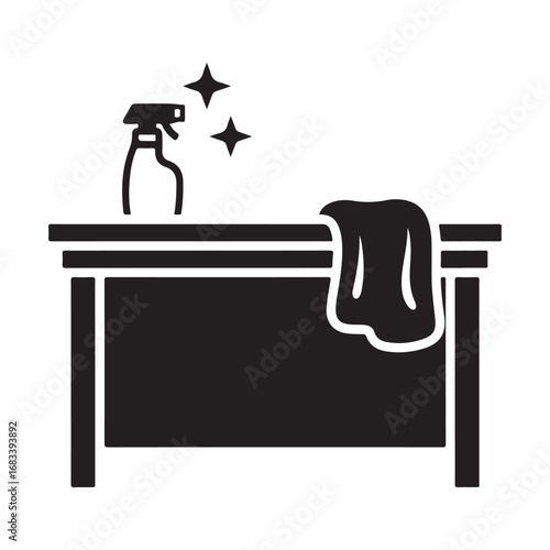Cleaning Supplies Icon with Spray Bottle, Cloth, and Sparkling Table
