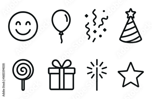 Celebration icons: emoji, balloon, party hat, lollipop, gift, sparkler, star