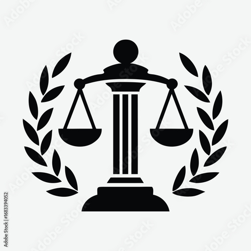 Black Justice Scale with Laurel Wreath, Law and Legal Symbol Vector