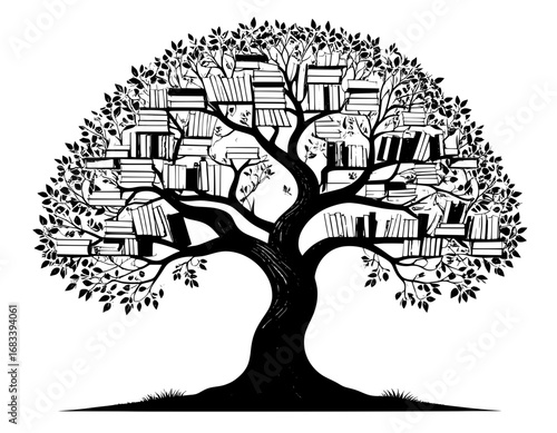 Tree of Knowledge Ink Drawing Books as Leaves Wisdom and Growth high quality professional
