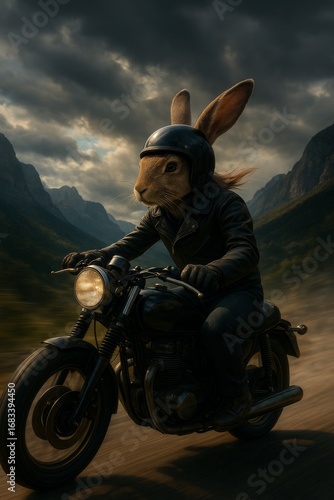 Epic Cinematic Scene of a Rabbit Biker Racing Through Majestic Mountains – Ultra-Realistic 8K Adventure with Motion Blur and Dramatic Sky