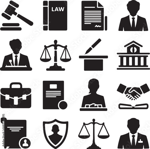 Collection of Black Silhouette Icons Related to Law and Justice legal court