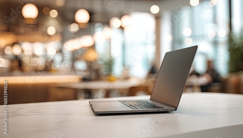 Silver Laptop on Table in Blurred Cafe Setting.