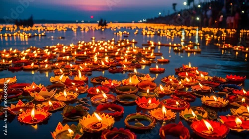 Illuminated River Hundreds of Floating Candles during Durga Puja Festival in India, Warm Evening Glow, Spiritual Celebration, Festive Atmosphere, Cultural Tradition