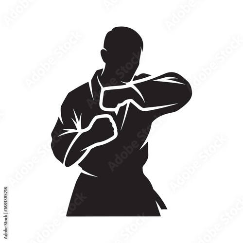 Dynamic Martial Arts Fighter Silhouette in Protective Stance