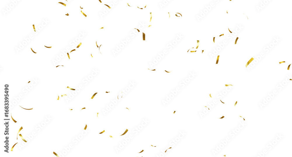 Fototapeta premium Falling isolated Gold Confetti. Glitter celebration PNG, Falling shiny gold confetti overlay on transparent background. 3d Rendering Transparent Confeti. Glossy golden festive tinsel. party, holiday, 