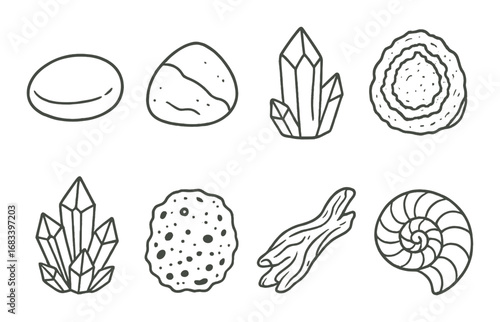 Collection of geological illustrations: rocks, crystals, fossils, and minerals on textured background