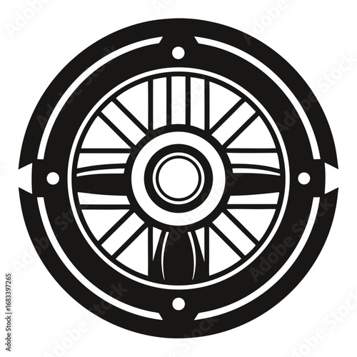 A unique design of a vintage train brake wheel, representing control, machinery, and railroad operations. Suitable for mechanical or industrial design concepts.