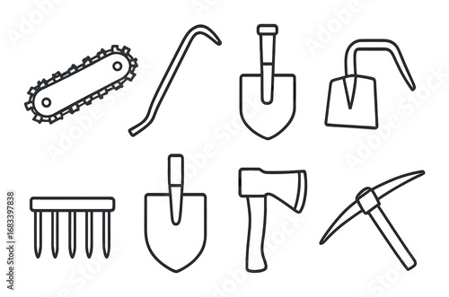 Collection of black silhouettes of various gardening and construction tools on gray background