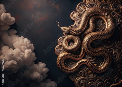 Figure of a red and gold snake curled around clouds on a beige background with intricate details