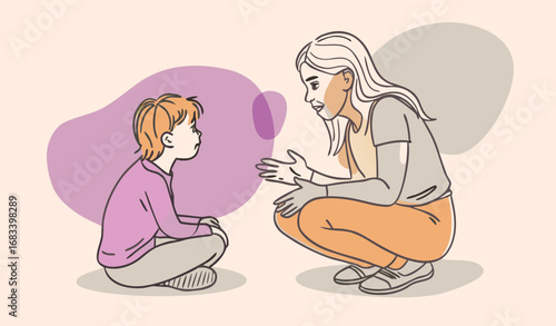 an adult squatted down in front of the child and sits on the same level with him and says something to him