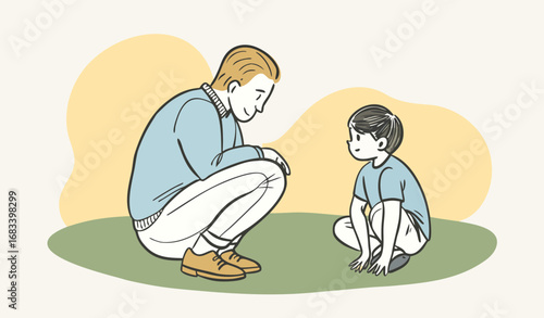 an adult squatted down in front of the child and sits on the same level with him and says something to him