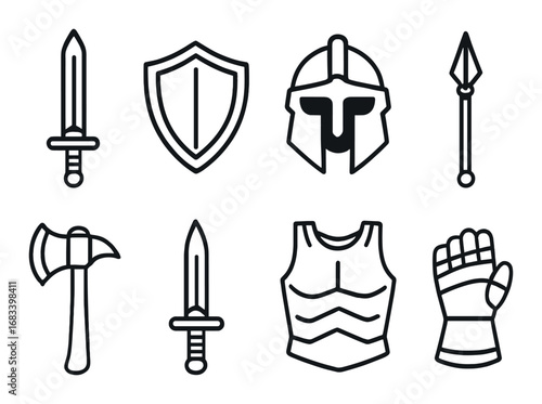Black silhouette icons of medieval weapons and armor on gradient background