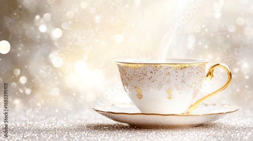Elegant porcelain teacup with golden accents on a shimmering backdrop