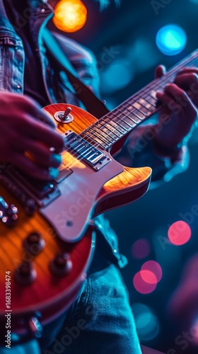 A musician plays an electric guitar under stage lights — perfectly conveying the energy of concerts, music festivals, and creative inspiration.
