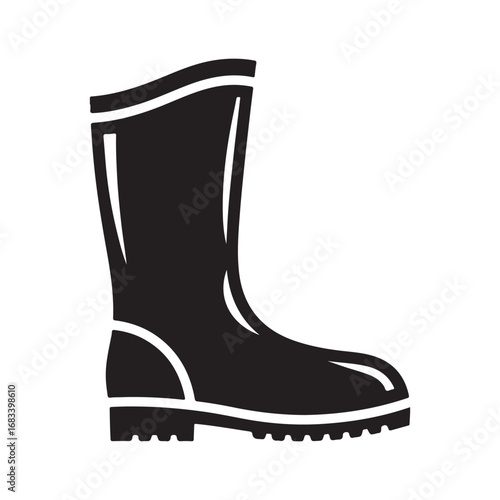 Black Rubber Boot Icon with White Outline on a White Background