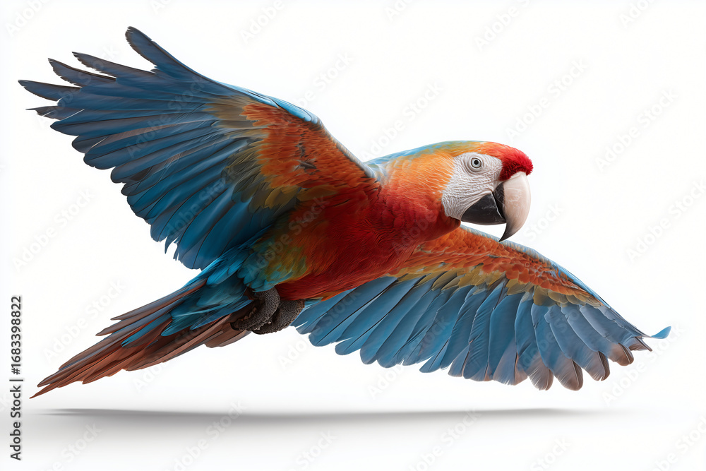 Fototapeta premium A vibrant parrot soaring through the air, showcasing its colorful plumage. This image captures the beauty and freedom of a magnificent bird in flight