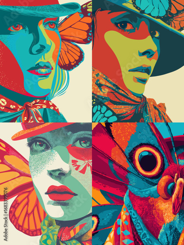 Pop art portraits of women with butterfly elements, combining surreal beauty, bold colors, and modern artistic expression.