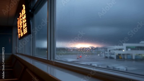 Gloomy airport terminal with stormy sky, airport windows reflect soft interior lights, traveler's perspective during a thunderstorm, stormy weather travel mood