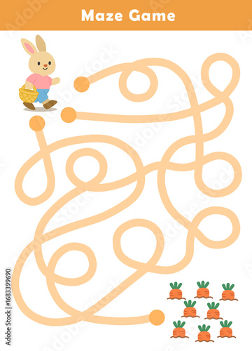Maze activity sheet for children. Kids labyrinth puzzle. Maze puzzle game for children with cute rabbit and carrots illustration.	