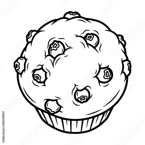 Black and white vector artwork of sweet blueberry muffins, suitable for use in food branding, online food promotions, coffee shop posters, bakery brochures, and children's illustrations.