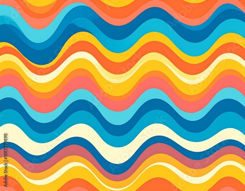 A vibrant, rhythmic pattern of overlapping wavy lines in a spectrum of sunny, summer colors creates a playful, happy design.