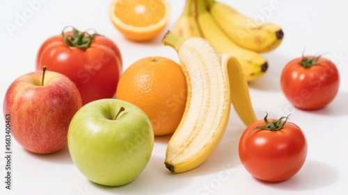 Assorted Fresh Fruits and Vegetables on a White Background