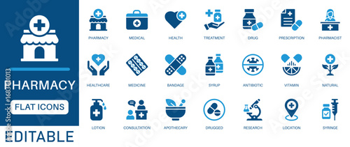 Pharmacy icon set. Medicine, bandage, medication, prescription, treatment, health, syringe and more. Perfect for healthcare, pharmacy, and medical designs.