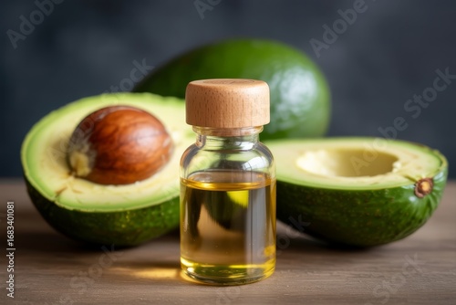 Avocado oil in a small glass bottle with fresh avocados