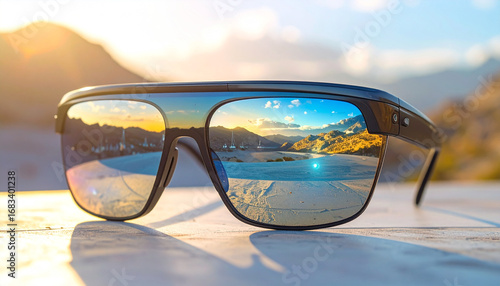Wallpaper Mural Sunglasses with Scenic Reflection: Close-up of fashionable sunglasses reflecting a stunning landscape. The glasses perfectly mirror a scenic view of a bright sky over serene water. Torontodigital.ca