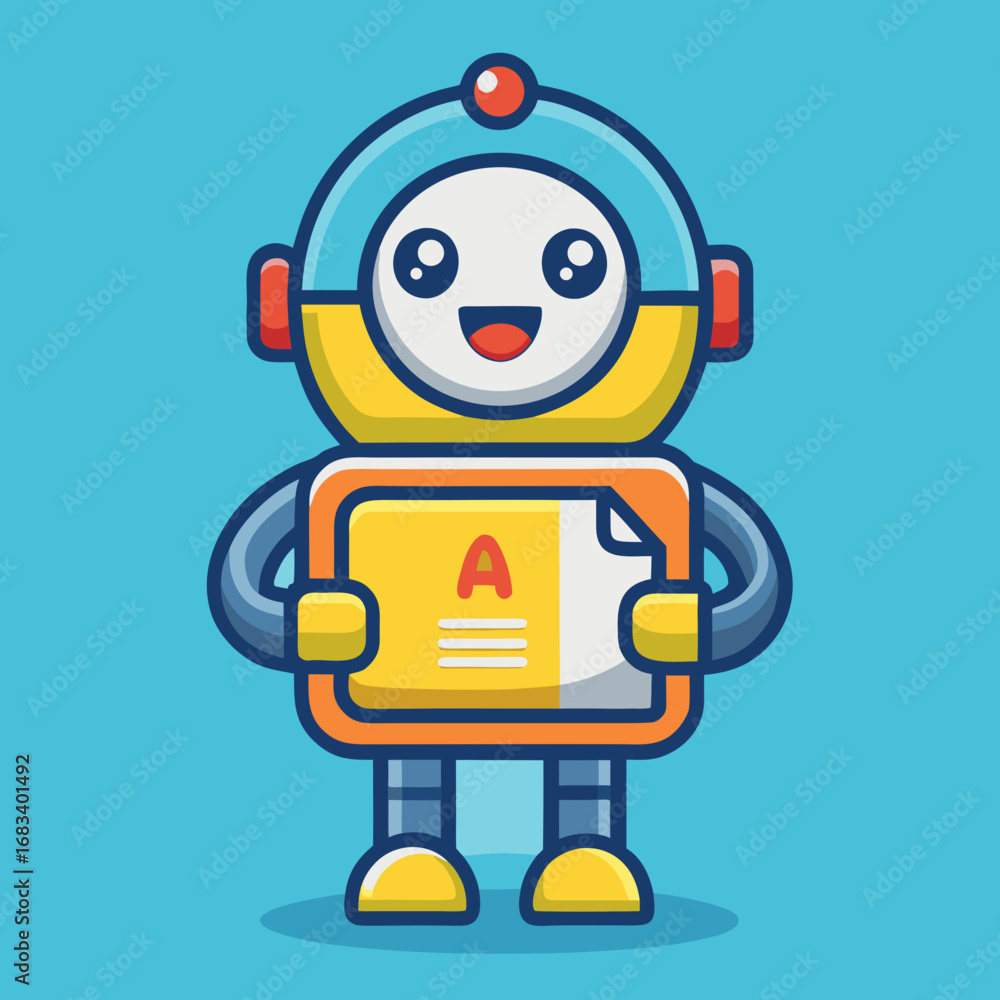 Fototapeta premium Cheerful cartoon robot holding a sign in a bright blue background