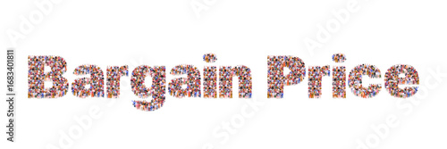 Large group of people forming the word Bargain Price.  Concept of sale, promotion and discounts. Marketing campaign concept. Vector. Not AI generated.