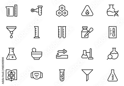 Laboratory line icon set. Containing experiment, test tube, microscope, flask, chemical, biology, research, lab and more. Thin outline icons pack. Vector illustration. editable stroke