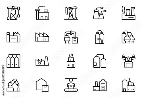 Factory line icon set. Containing industry, production, machine, manufacture, warehouse, fabrication, goods and more. icons collection. Thin outline icons pack. Vector illustration. editable stroke
