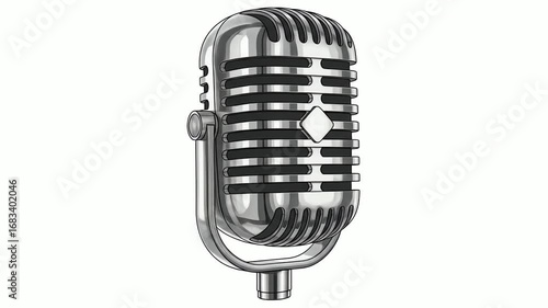 Close-up studio shot of a vintage microphone, showcasing its metallic silver and black details against a clean white background; conveying a classic and sophisticated