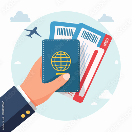 Hand Holding Passport And Tickets Illustration