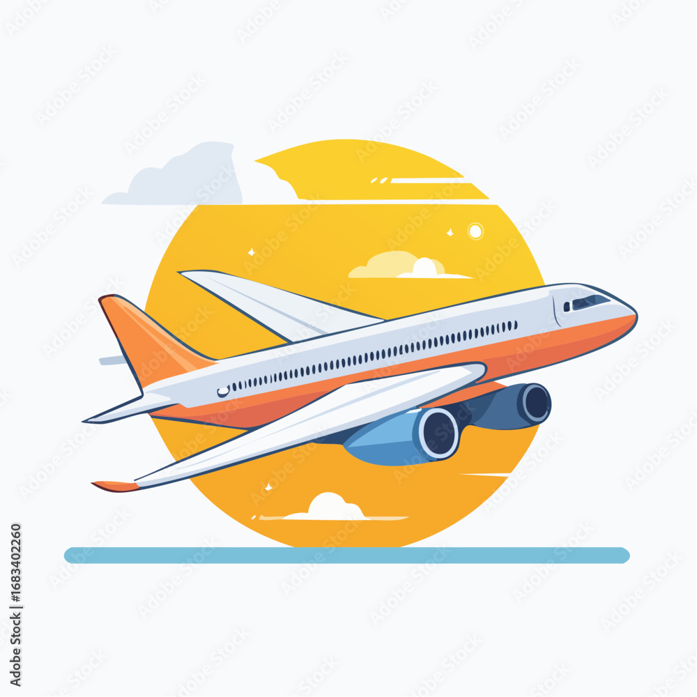 Fototapeta premium Cartoon Airplane Taking Off At Sunrise